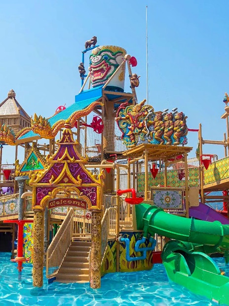 Colorful water slides and structures at Ramayana Water Park, Thailand.