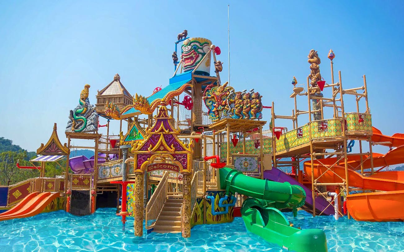 Colorful water slides and structures at Ramayana Water Park, Thailand.