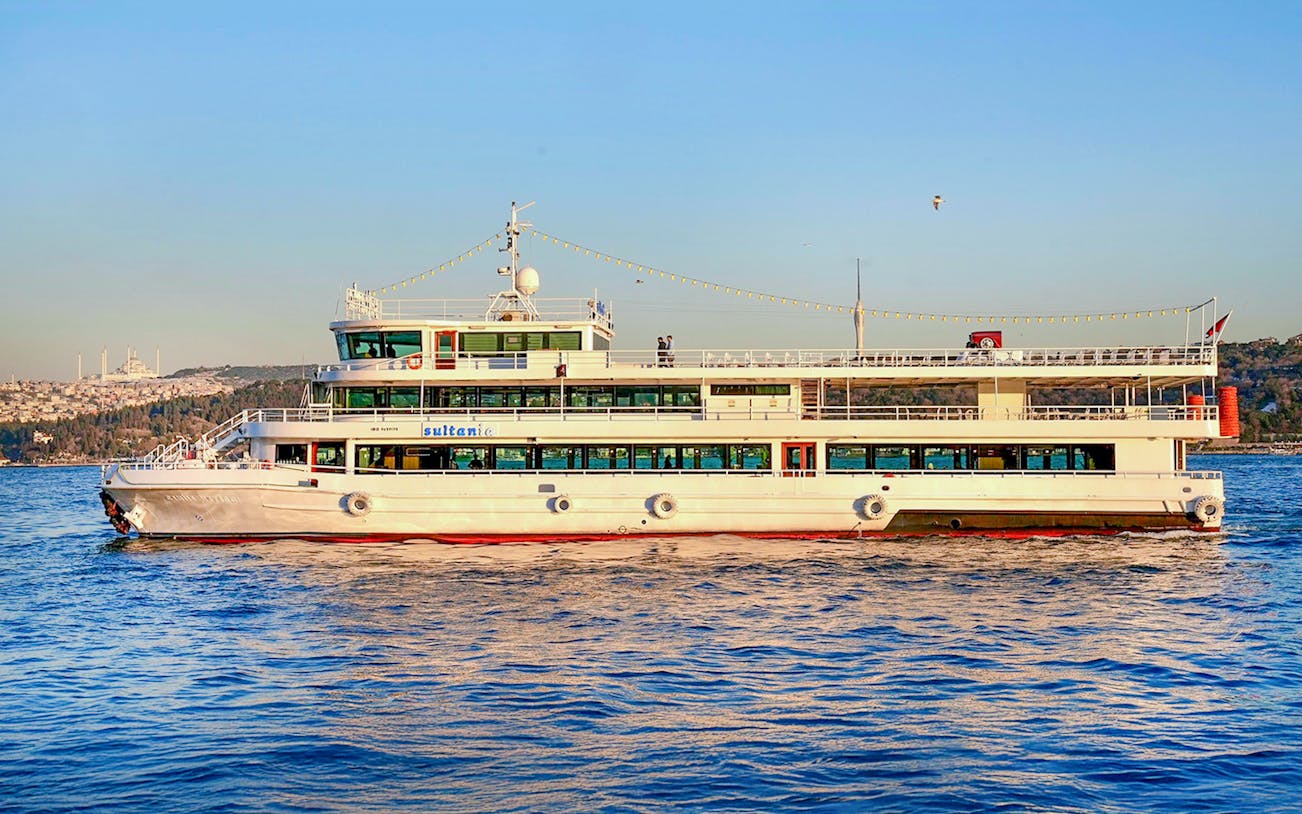 Bosphorus cruise ship docked with Istanbul skyline in the background.