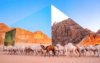 Camels walking near mirrored Maraya Concert Hall in AlUla, Saudi Arabia.