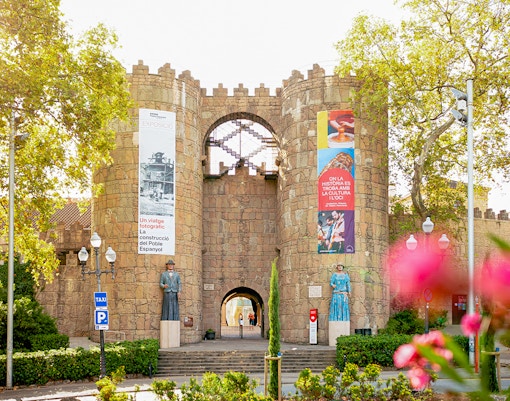 Poble Espanyol entrance with traditional Spanish architecture in Barcelona, Spain.