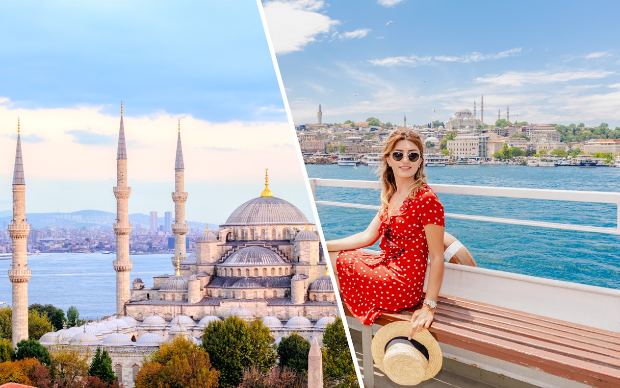 Sultan Ahmed Mosque and woman on Bosphorus cruise, Istanbul.