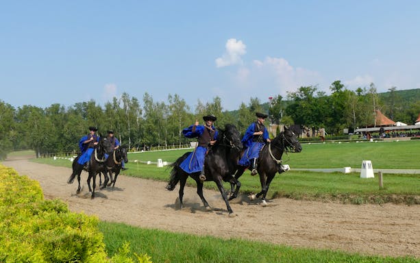 Horsemen performing at Hungarian ranch during Budapest day tour.