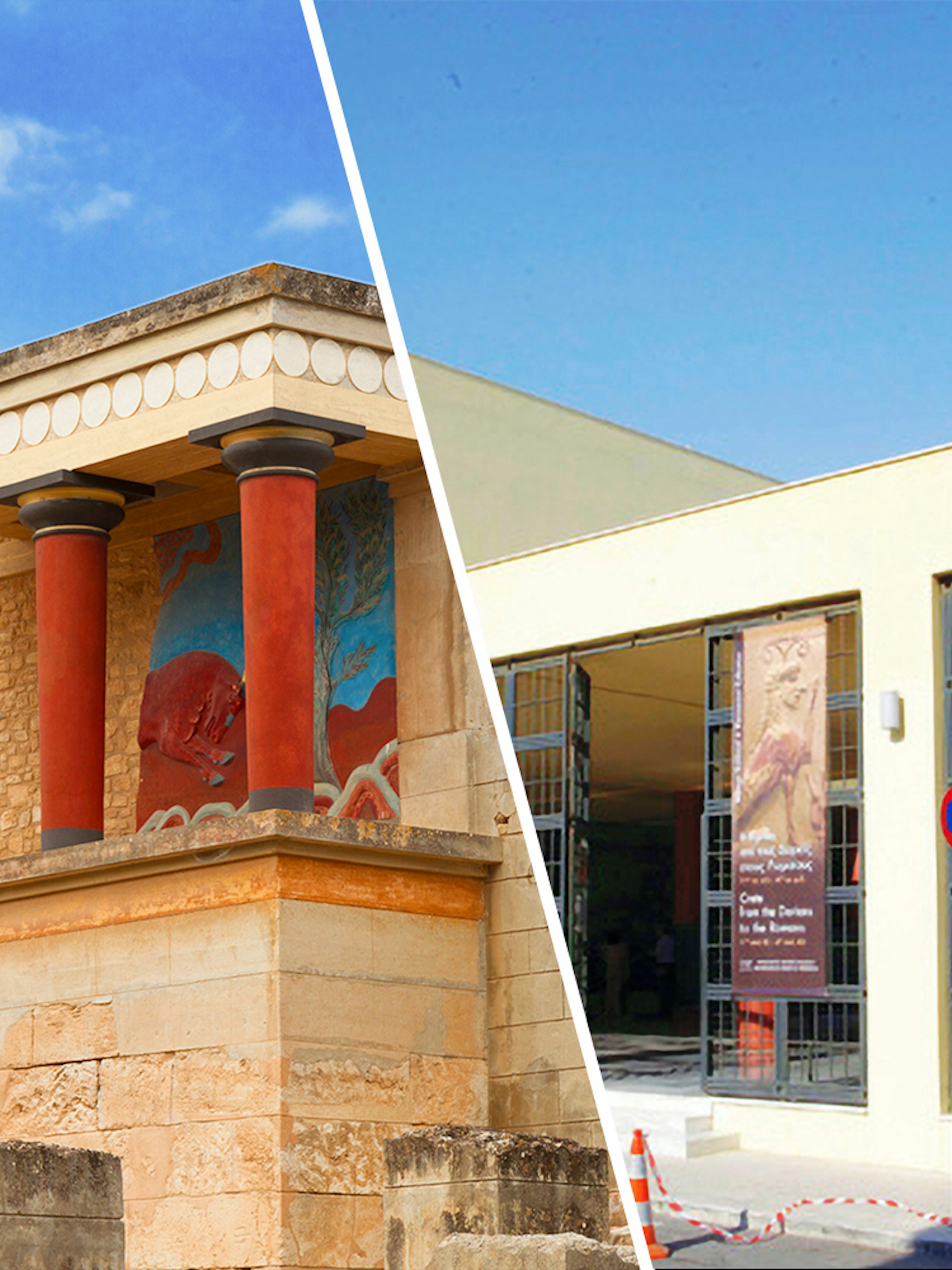 Knossos Palace ruins and Heraklion Archaeological Museum entrance in Crete.