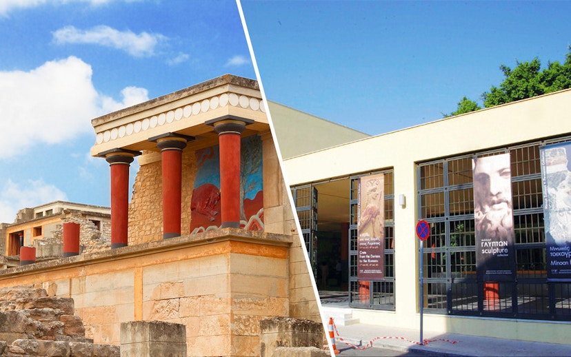 Knossos Palace ruins and Heraklion Archaeological Museum entrance in Crete.