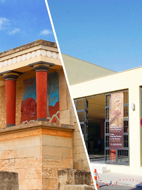 Knossos Palace ruins and Heraklion Archaeological Museum entrance in Crete.