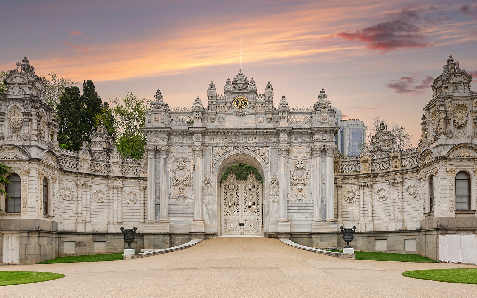 Dolmabahce Palace exterior with ornate architecture, Istanbul, Turkey.