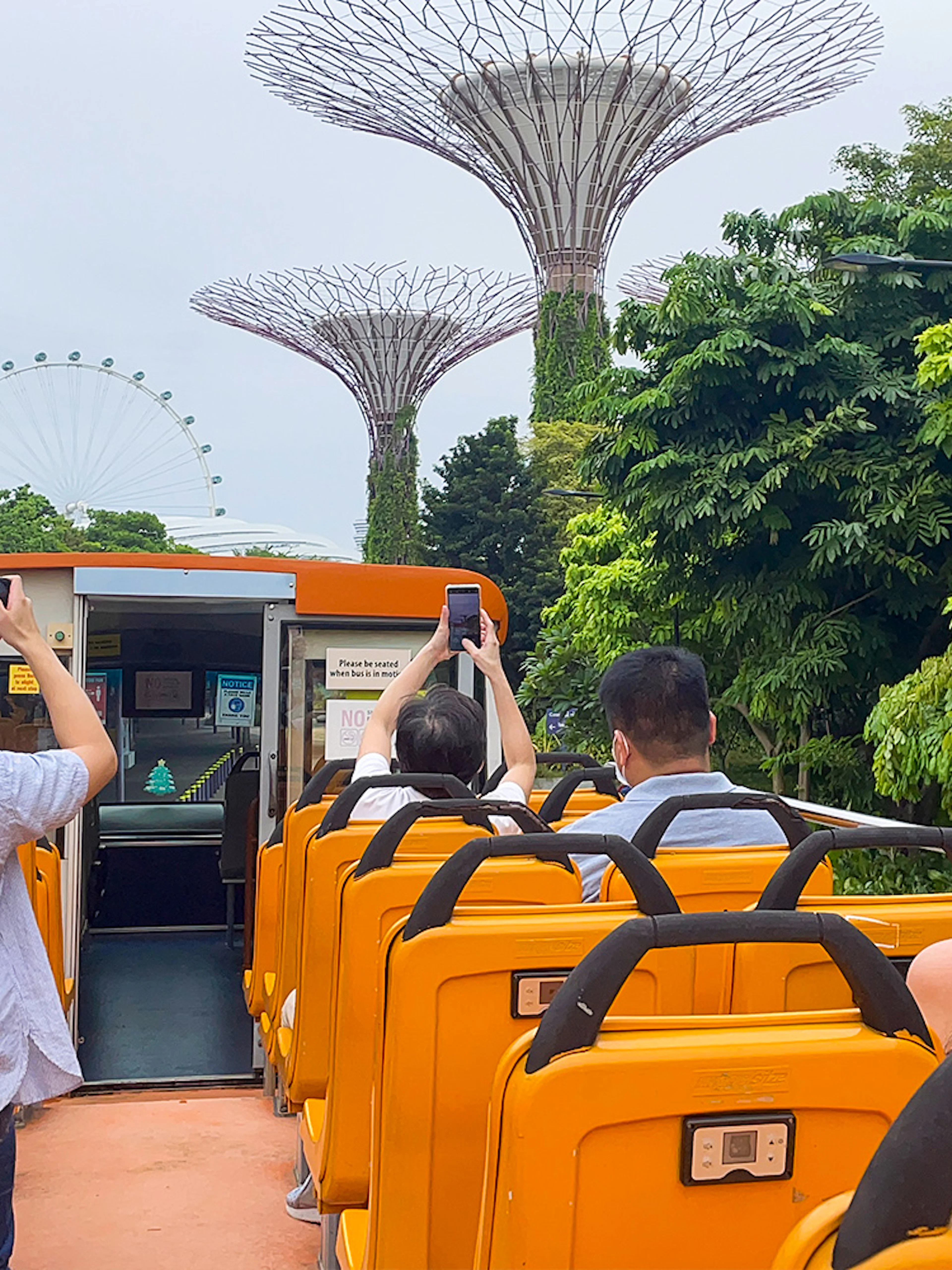 Open-top bus tour in Singapore with views of Supertree Grove and Singapore Flyer.