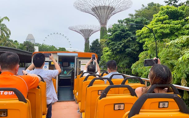 Open-top bus tour in Singapore with views of Supertree Grove and Singapore Flyer.