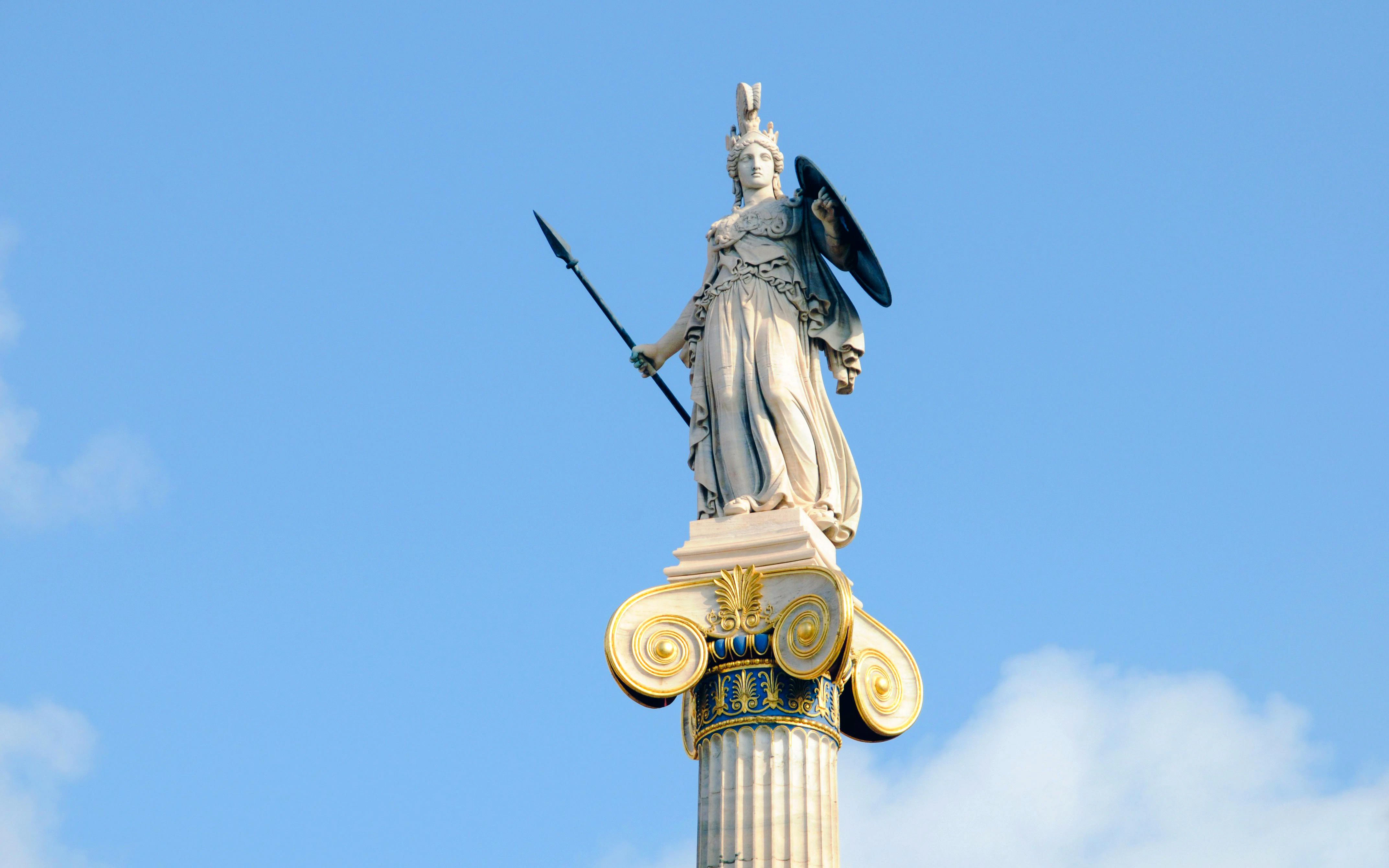 Statue of Athena atop a column in Athens Acropolis, Greece.