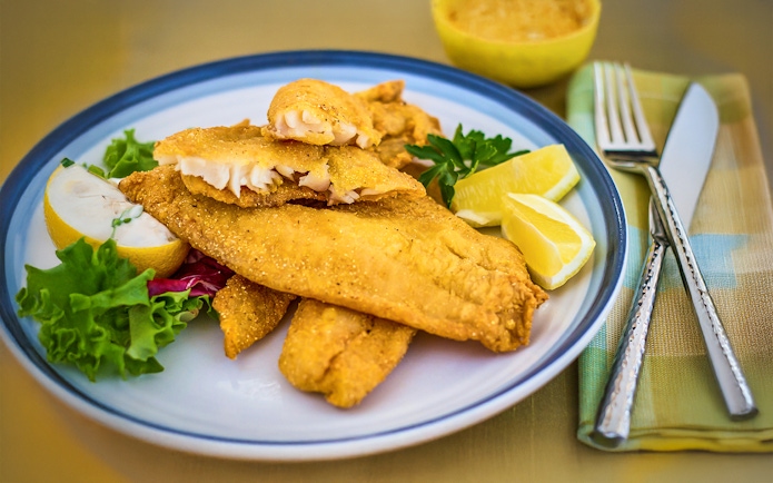 Breaded catfish with lemon wedges on Steamboat Natchez lunch cruise plate.