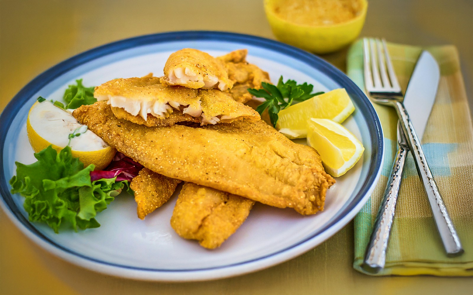 Steamboat Natchez lunch cruise serving breaded fish with lemon.