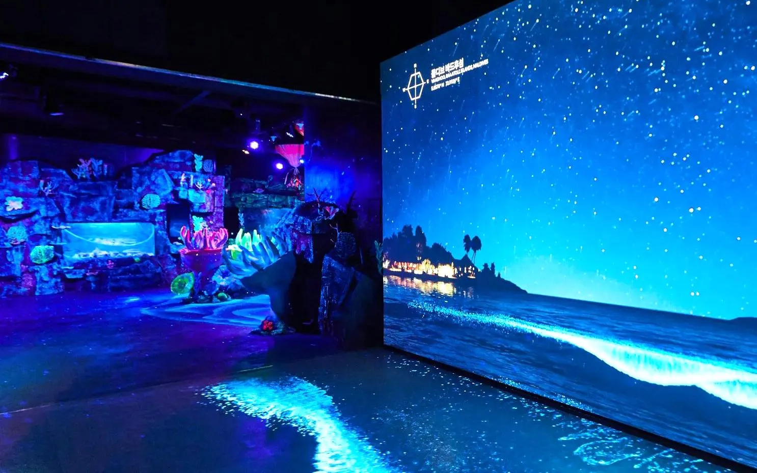 SEA LIFE Aquarium Busan exhibit with illuminated coral and ocean projection.
