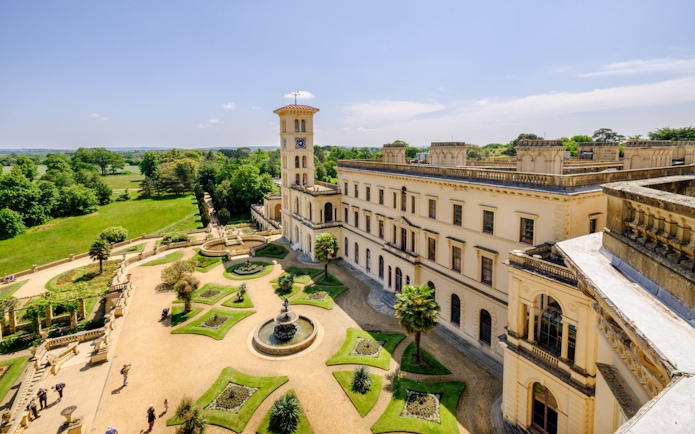 Osborne House with gardens and clock tower on the Isle of Wight.