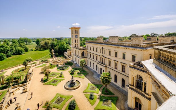 Osborne House with gardens and clock tower on the Isle of Wight.