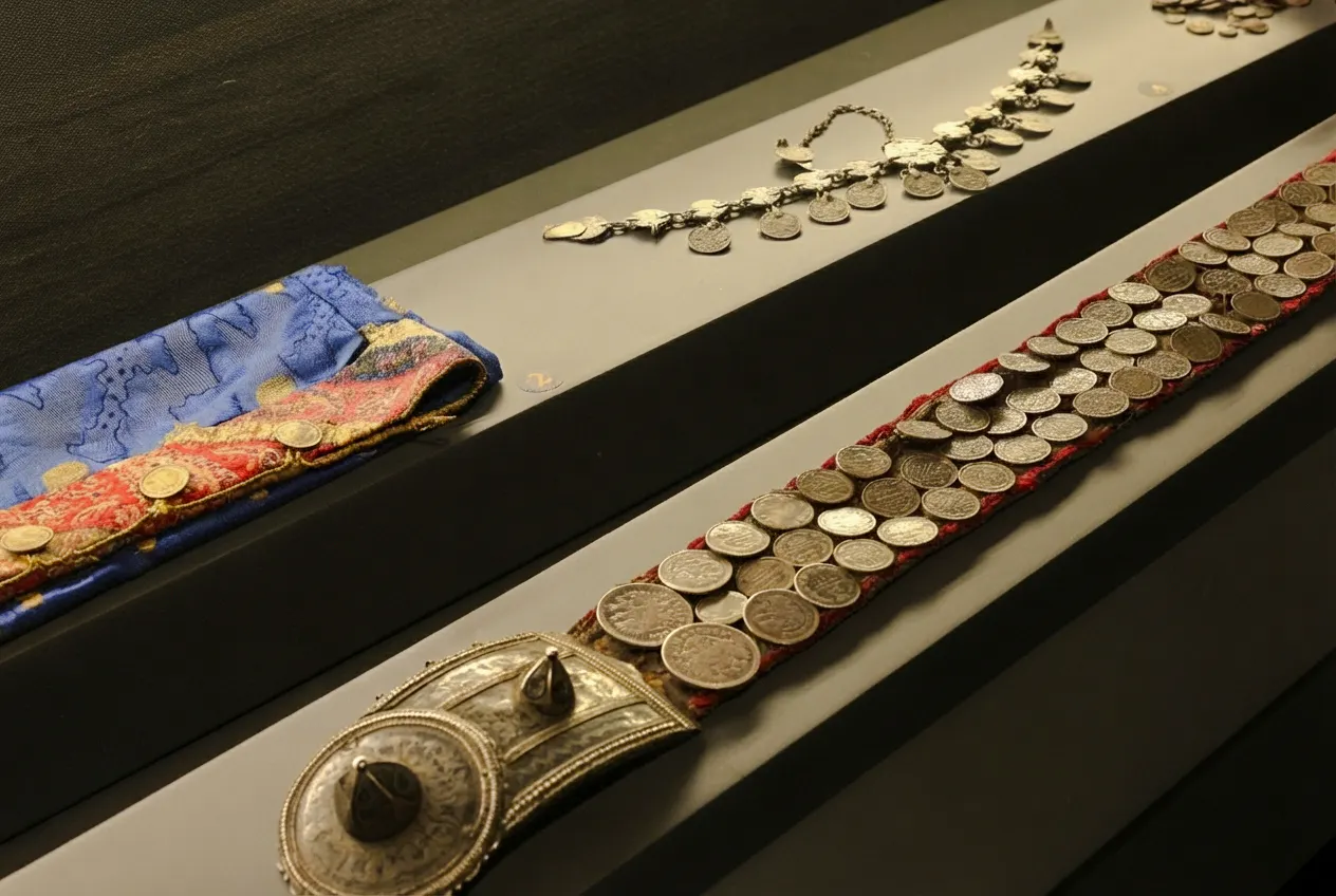 Antique coin belts and jewelry display at Museum of Numismatics, Baku.