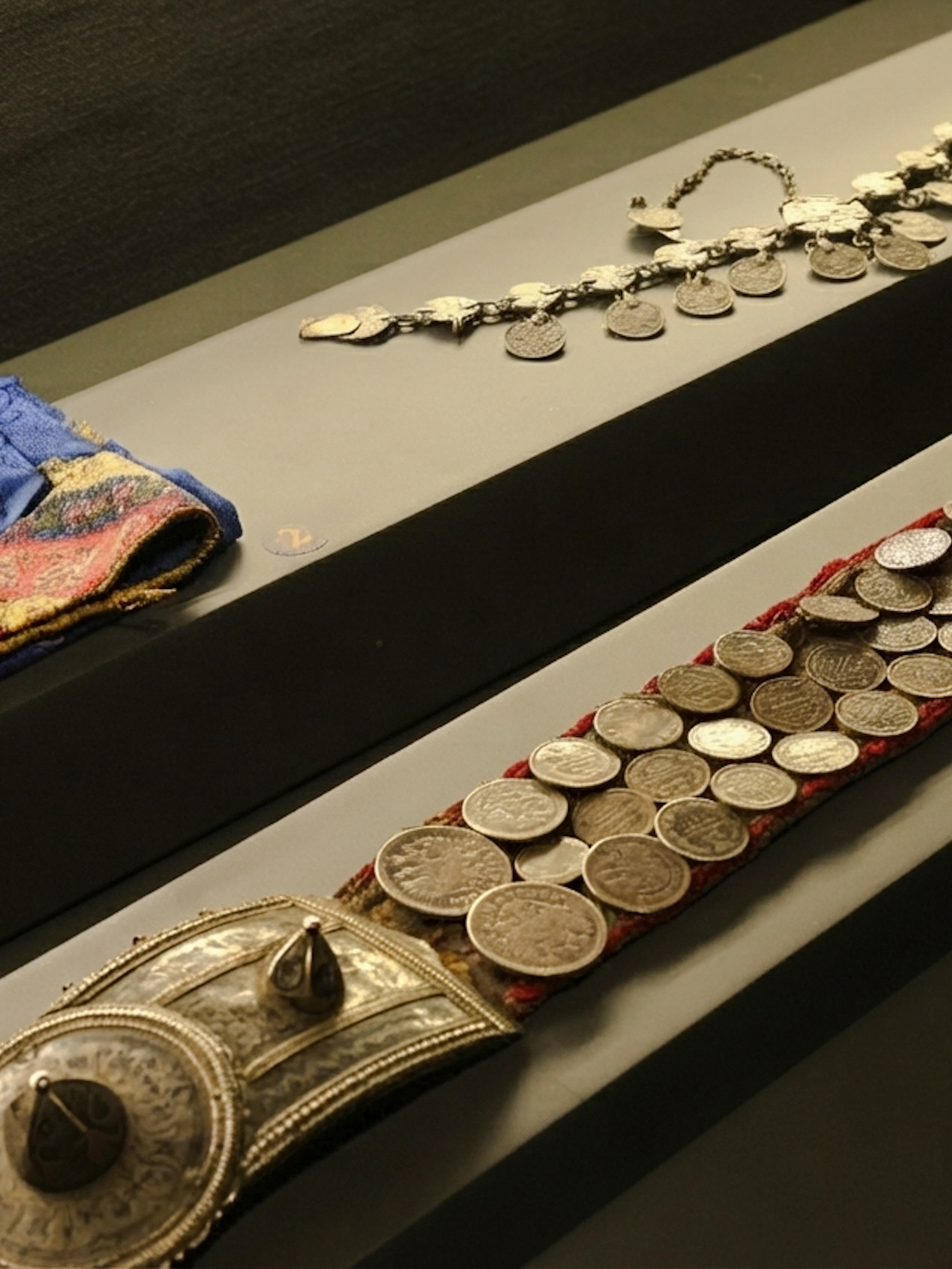 Antique coin belts and jewelry display at Museum of Numismatics, Baku.