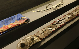 Antique coin belts and jewelry display at Museum of Numismatics, Baku.