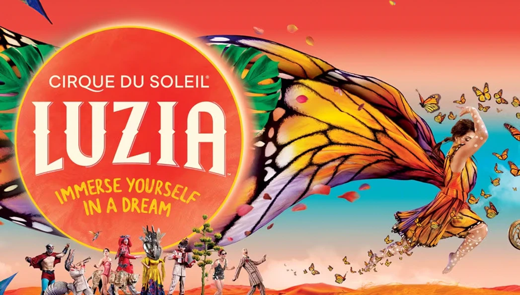 Cirque du Soleil Luzia poster with performers and butterfly motifs.