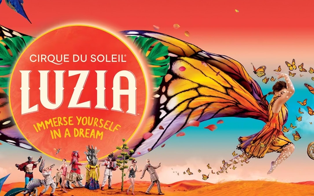 Cirque du Soleil Luzia poster with performers and butterfly motifs.