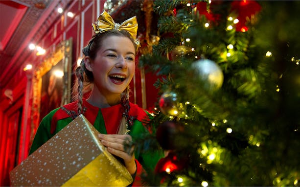 Person in festive attire holding a gift near a decorated Christmas tree at Warwick Castle.