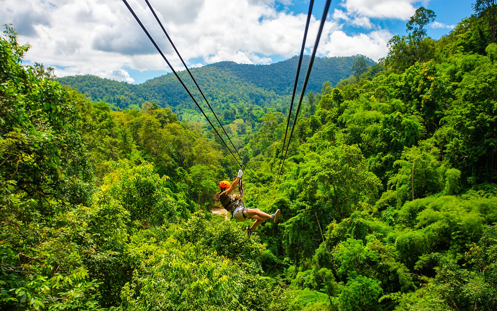 Person ziplining over lush green forest with mountains in the background.