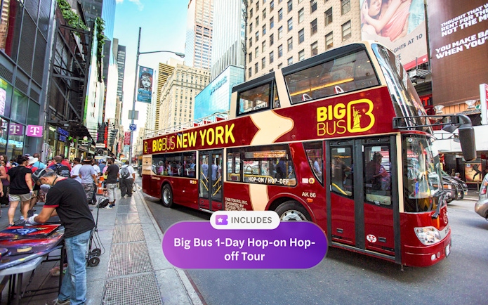Big Bus New York tour on a busy city street with people and skyscrapers.