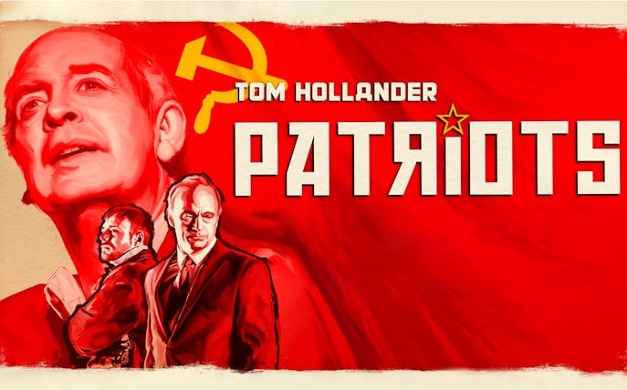 Red poster with "Patriots" text and Soviet imagery, featuring three men in suits.