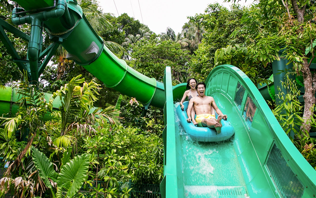 Visitors enjoying a water slide at Adventure Cove Waterpark™.