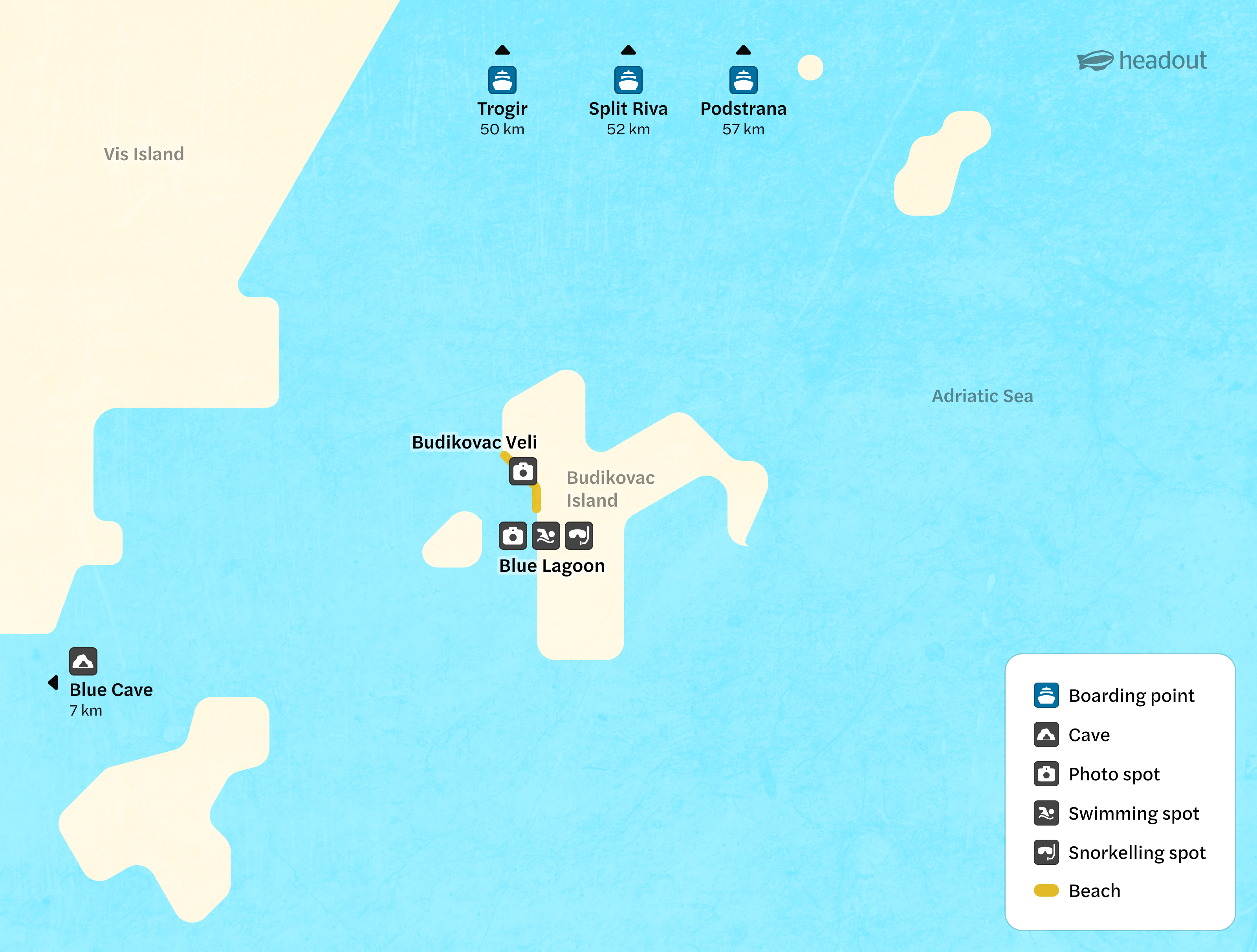 Map showing Budikovac Island with Blue Lagoon and Blue Cave, highlighting snorkeling and swimming spots.