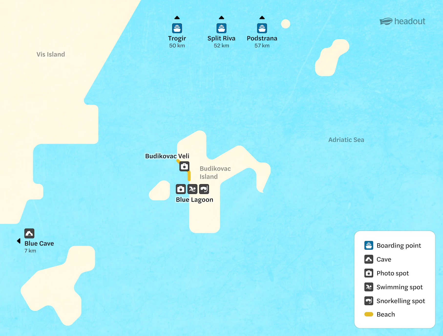 Map showing Budikovac Island with Blue Lagoon and Blue Cave, highlighting snorkeling and swimming spots.