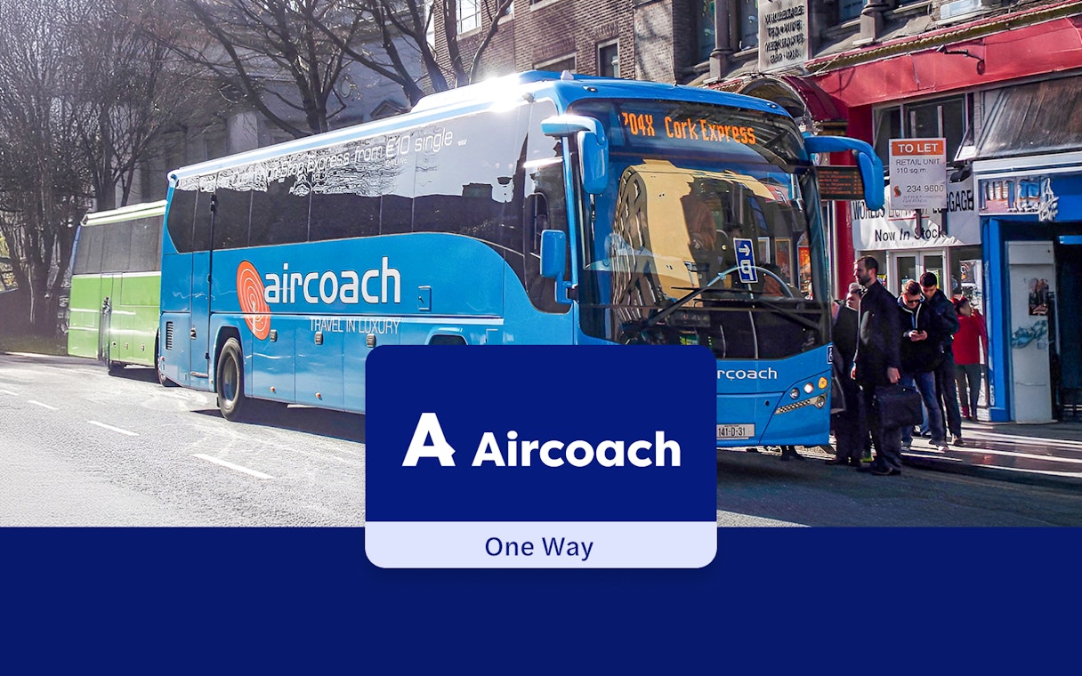 Aircoach bus at Dublin city center stop for airport route.