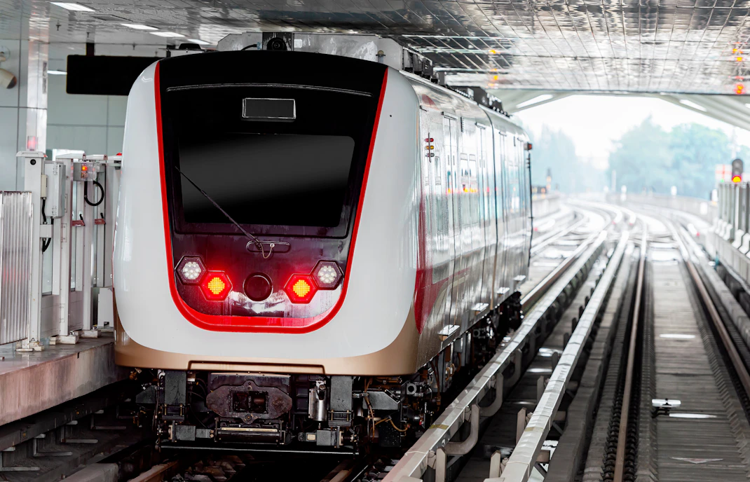 Light rail train at a station in Indonesia.