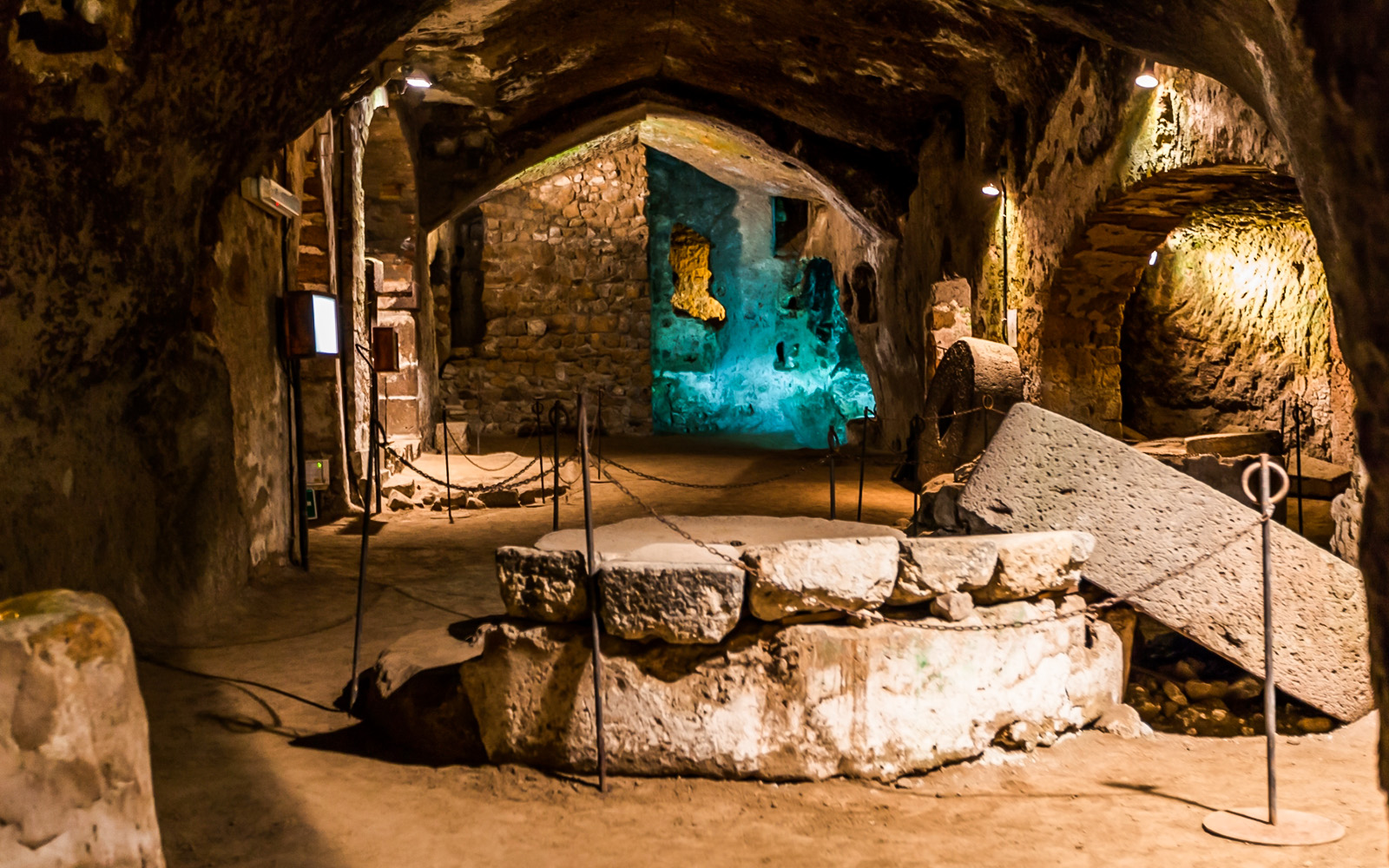 Underground tunnels and ancient stone structures in Orvieto, Italy.