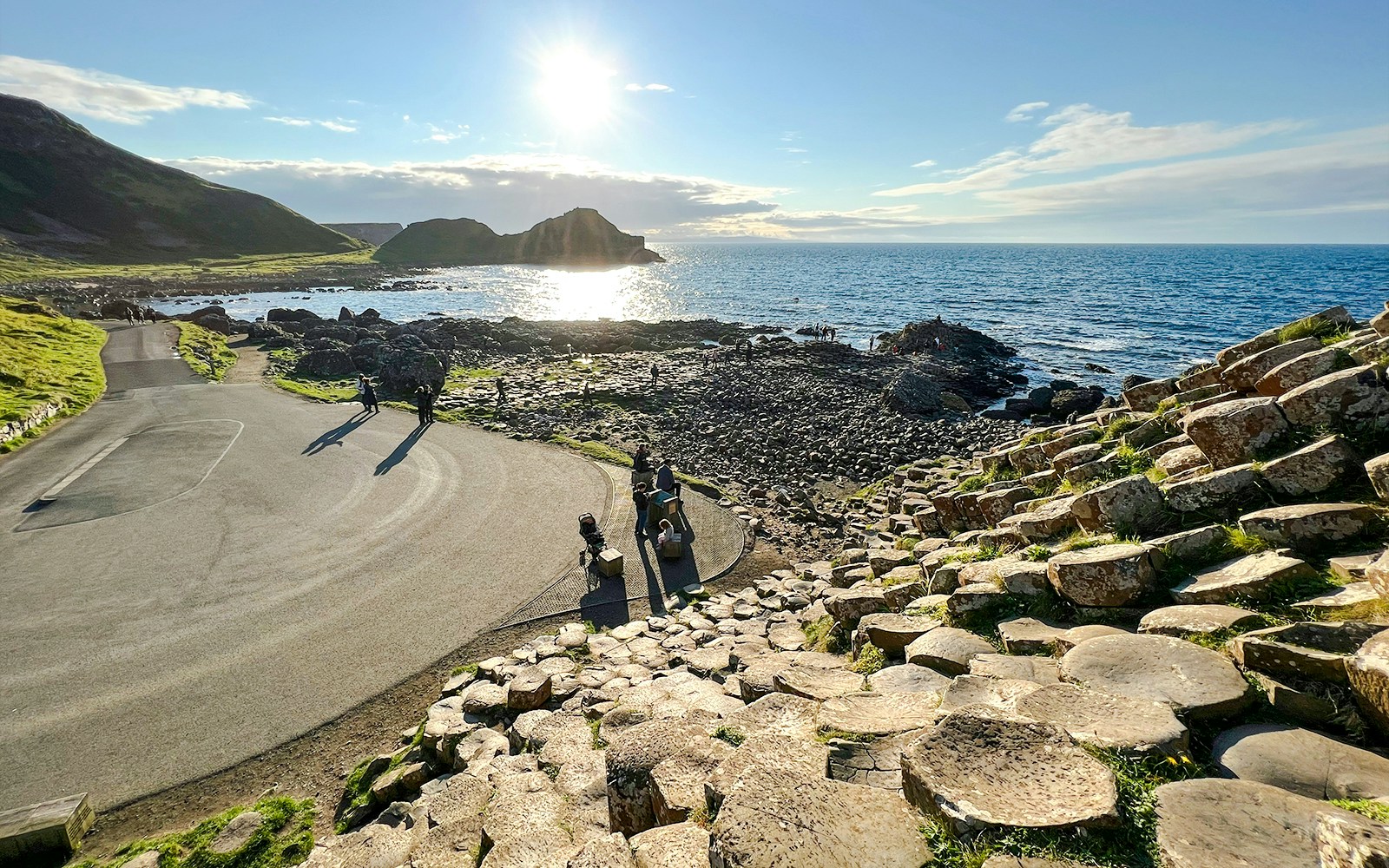 Giant's Causeway basalt columns and coastal view in Northern Ireland.