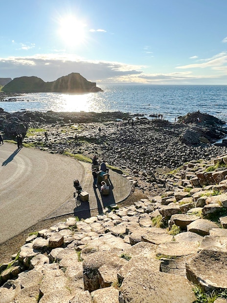 Giant's Causeway basalt columns and coastal view in Northern Ireland.