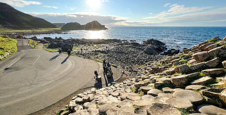 Giant's Causeway basalt columns and coastal view in Northern Ireland.