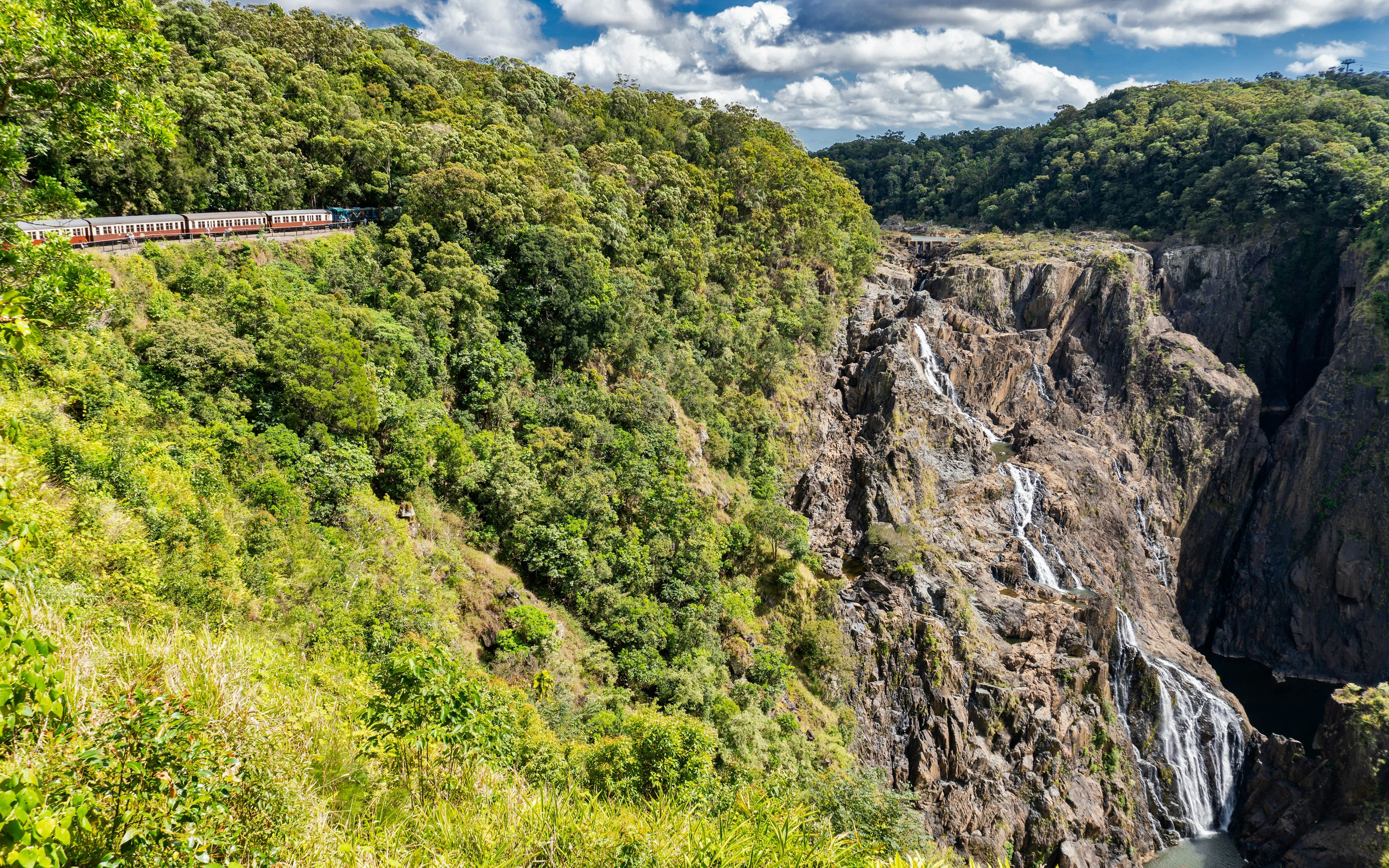 Train passing through lush forest near Barron Falls, Queensland, Australia.