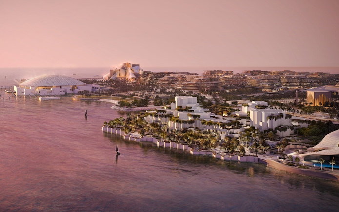 Aerial view of National History Museum Abu Dhabi at sunset, surrounded by water and cityscape.
