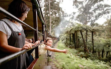 Passengers enjoying the view from Puffing Billy Steam Train in Melbourne forest.