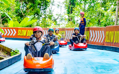 Tourists riding luges on a track at Hanuman Luge, surrounded by lush greenery.