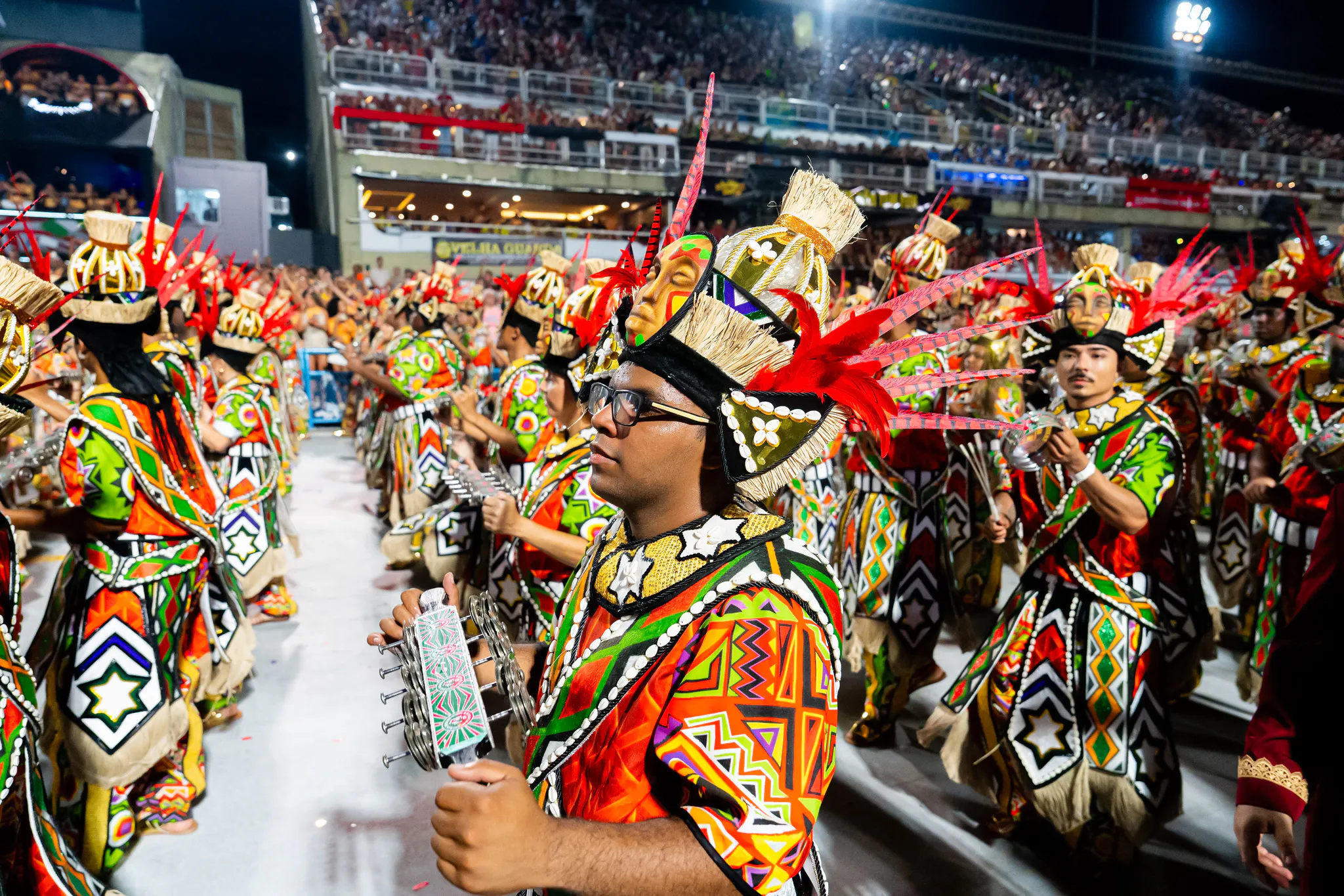 Performers in colorful costumes at Rio Carnival 2027 Sambadrome Parade, Rio de Janeiro.
