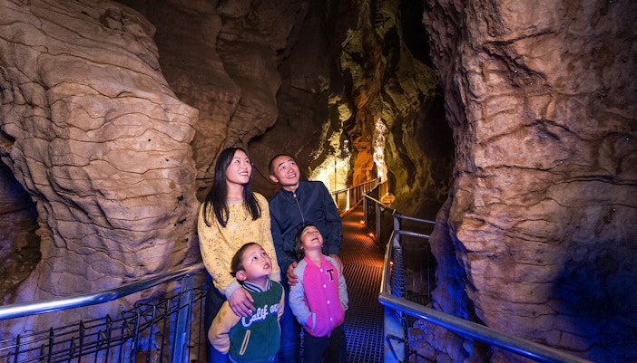 Family exploring illuminated Aranui Cave on guided tour, New Zealand.