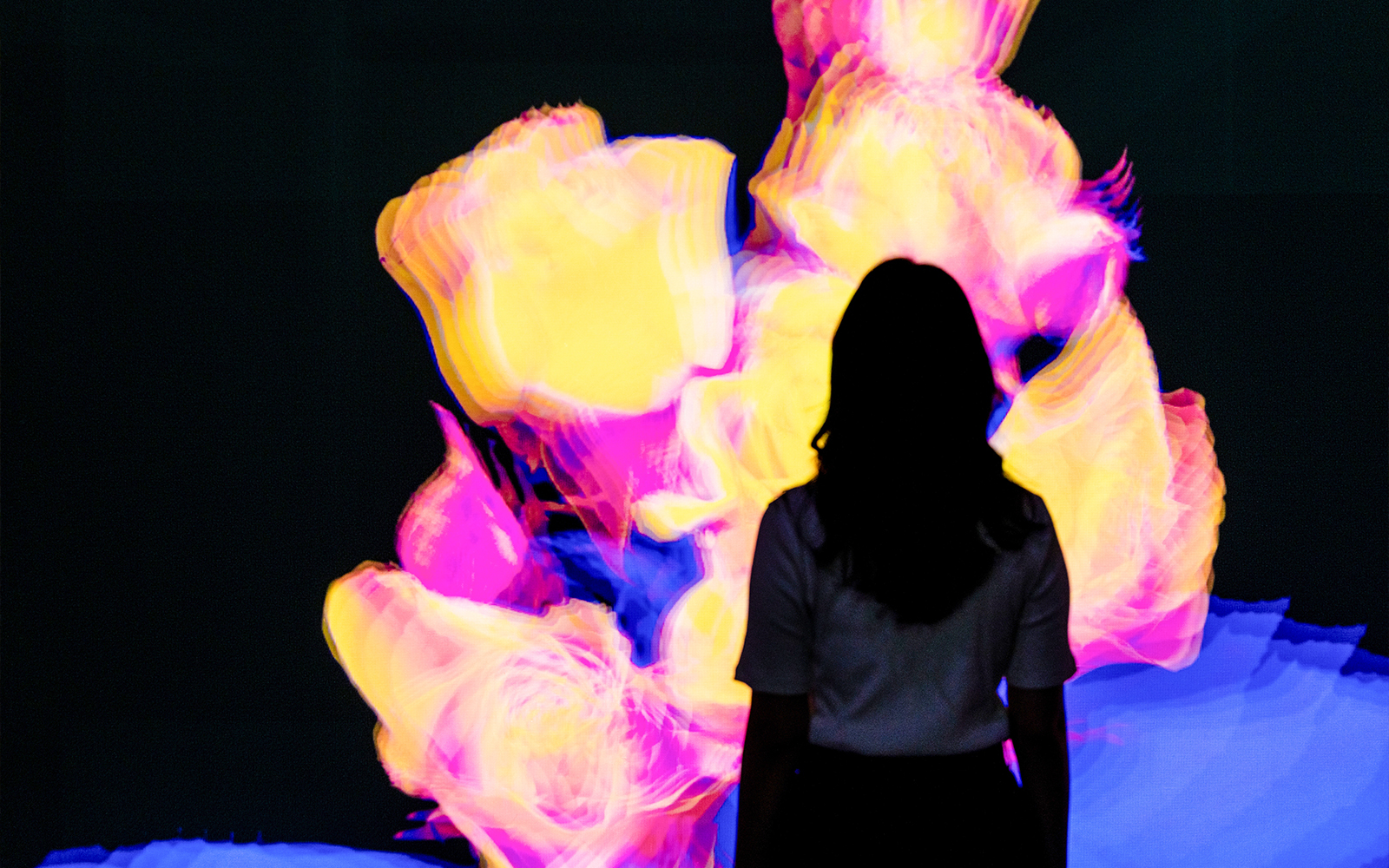 Silhouette of a person viewing vibrant digital roses at Arte Museum Dubai's Flower Odyssey exhibit.