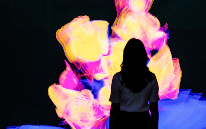 Silhouette of a person viewing vibrant digital roses at Arte Museum Dubai's Flower Odyssey exhibit.