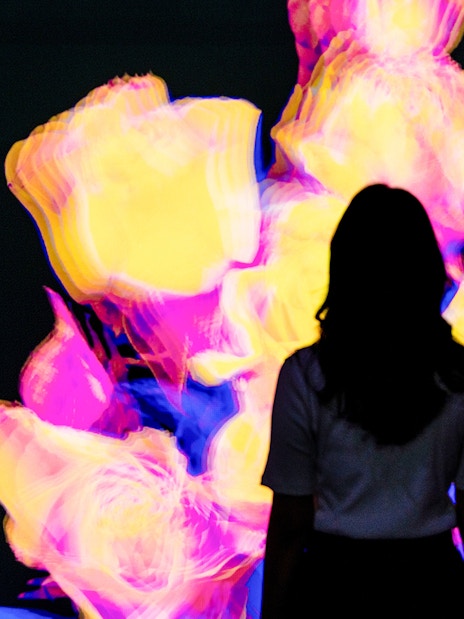 Silhouette of a person viewing vibrant digital roses at Arte Museum Dubai's Flower Odyssey exhibit.