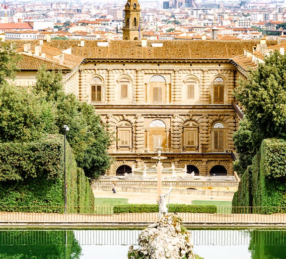 Boboli Gardens with view of Palazzo Pitti and Florence skyline, Italy.