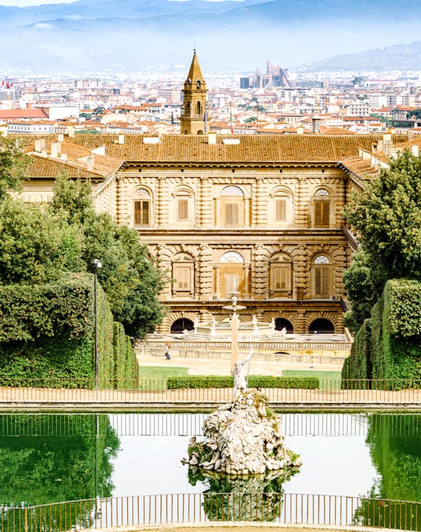 Boboli Gardens with view of Palazzo Pitti and Florence skyline, Italy.