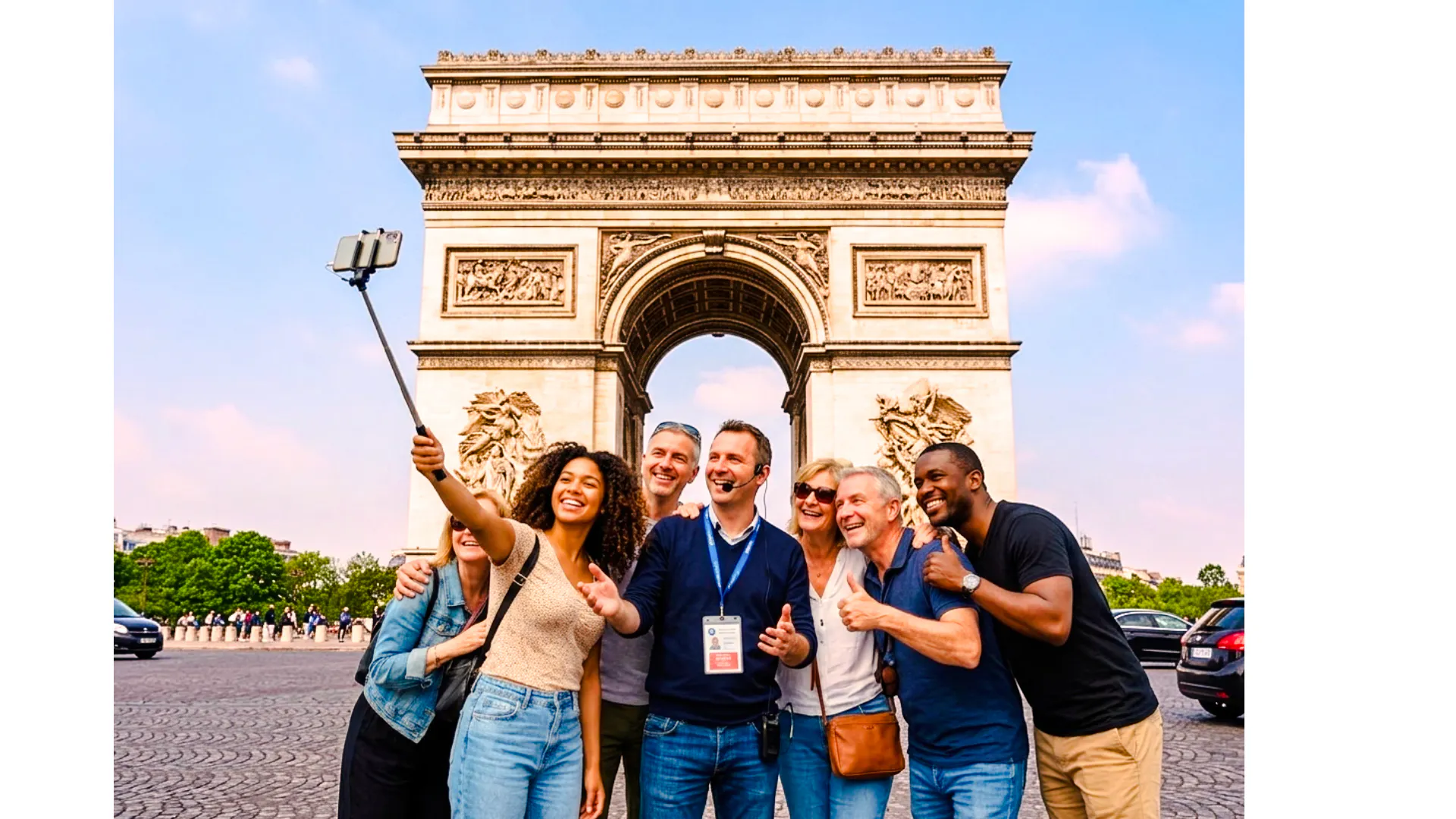 Group taking selfie in front of Arc de Triomphe during Champs-Élysées Tasting Walk, Paris.