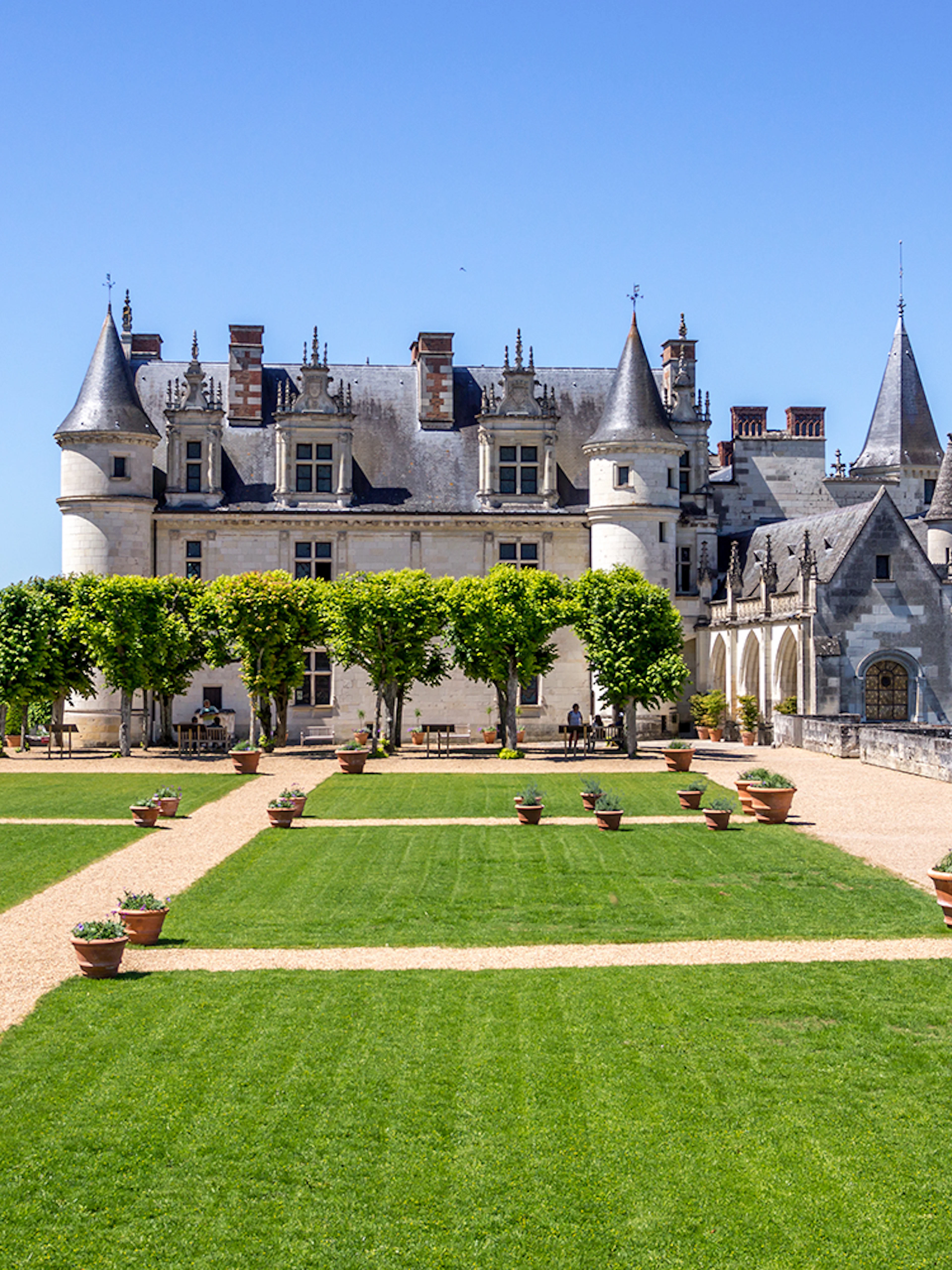 Royal Amboise Castle with manicured gardens and Loire River view.